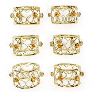Set of 6 Gold Tone Heart Scroll Wire Napkin Rings with Amber Colored Rhinestones